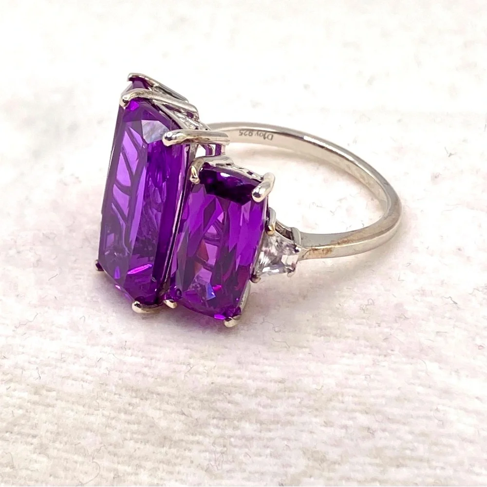 Huge Color Change Lab Sapphire Trilogy Cocktail Ring. Platinum over Sterling - Picture 4 of 16